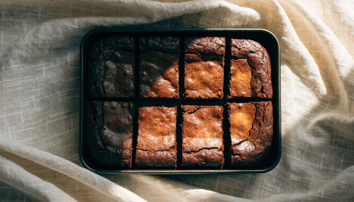 Brownies caramelizados horneados con tagatosa sobre fondo crema