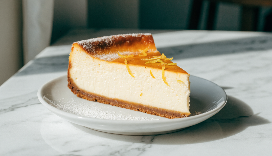 Tarta de queso horneada con eritritol sobre mármol blanco