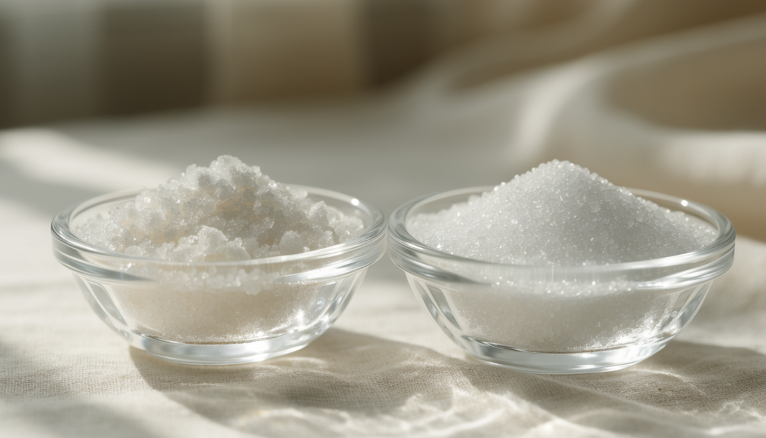 Eritritol y alulosa en boles de cristal sobre lino crema