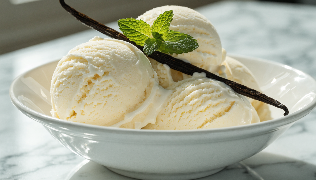 Helado de vainilla sin azúcar con tagatosa en bol blanco